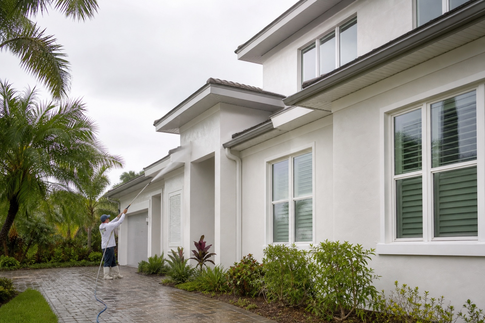 Low-pressure house washing on a white stucco Florida home